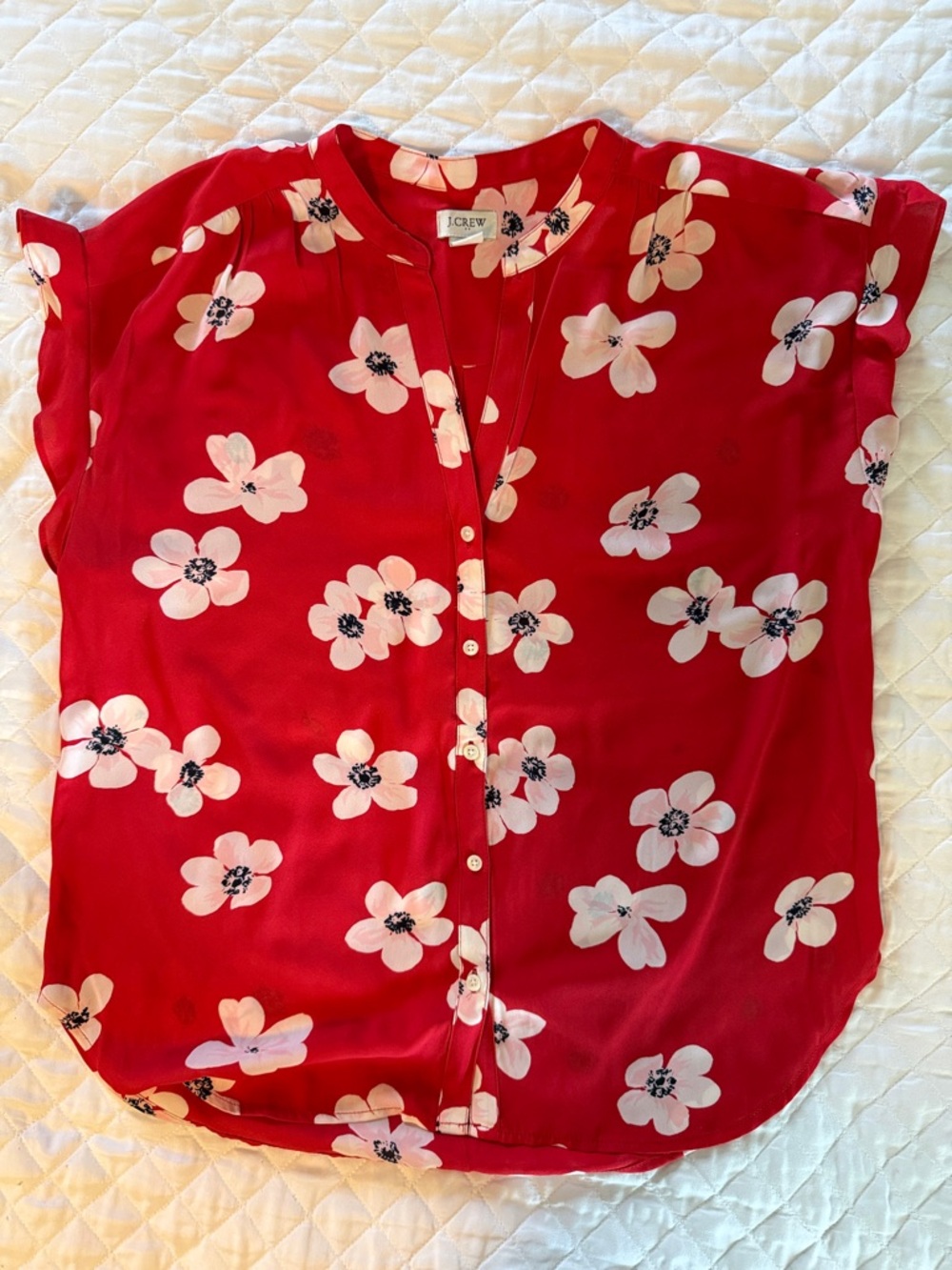 J. Crew Red Floral Short-Sleeve Button Front Blouse